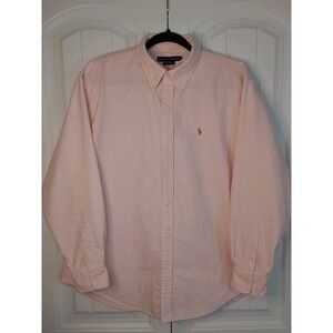 Ralph Lauren Shirt Women Size 16 Pink Striped Button Up Oxford Flesh Pony Preppy